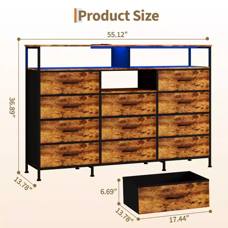 Meuble TV de 55 pouces avec commode en tissu, 11 tiroirs et étagères ouvertes, organisateur de rangement pour chambre et salon