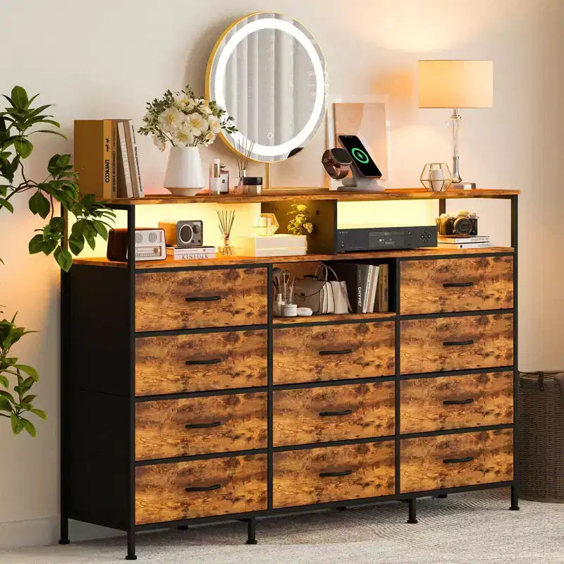 Meuble TV de 55 pouces avec commode en tissu, 11 tiroirs et étagères ouvertes, organisateur de rangement pour chambre et salon
