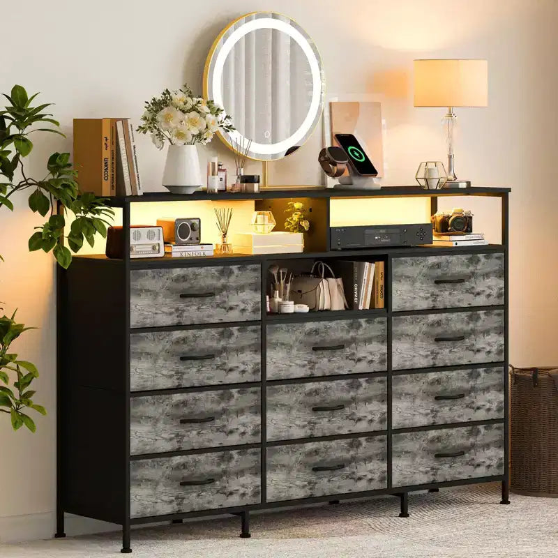 Meuble TV de 55 pouces avec commode en tissu, 11 tiroirs et étagères ouvertes, organisateur de rangement pour chambre et salon