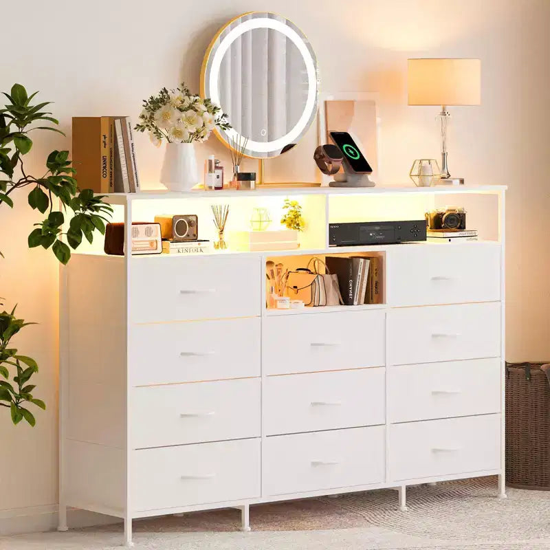 Meuble TV de 55 pouces avec commode en tissu, 11 tiroirs et étagères ouvertes, organisateur de rangement pour chambre et salon