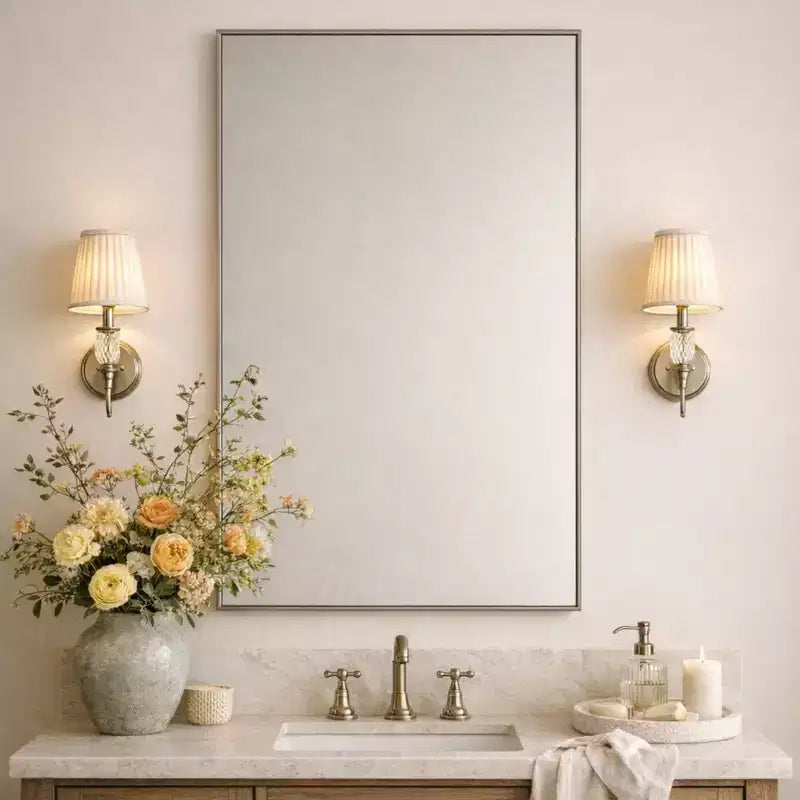 Miroir de salle de bain avec coins carrés, miroir rectangulaire encadré en métal en acier inoxydable pour salle de bain