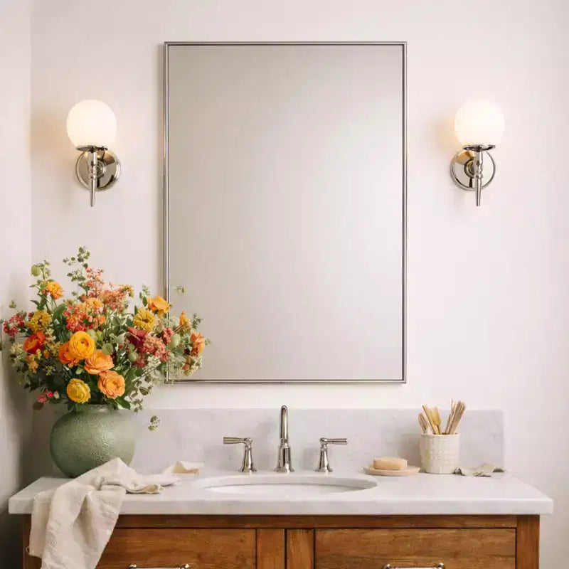 Miroir de salle de bain avec coins carrés, miroir rectangulaire encadré en métal en acier inoxydable pour salle de bain