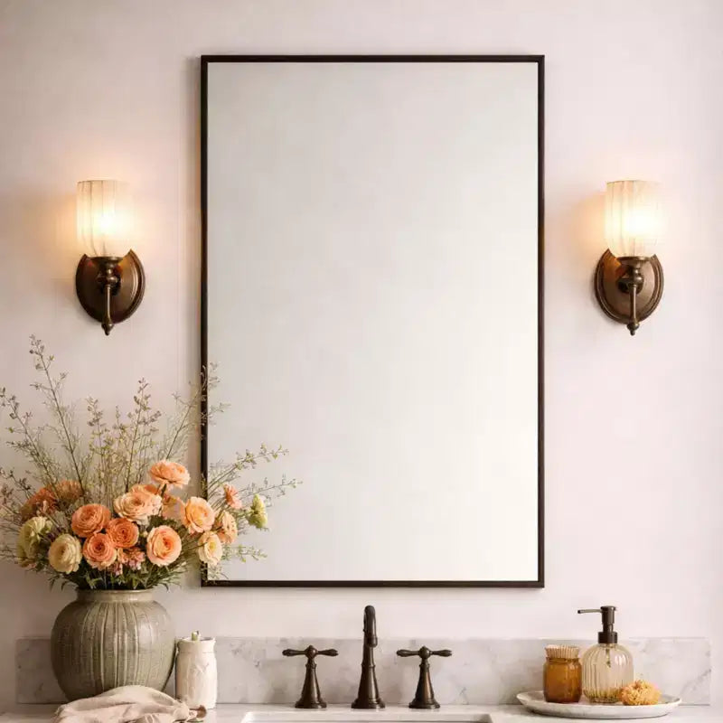 Miroir de salle de bain avec coins carrés, miroir rectangulaire encadré en métal en acier inoxydable pour salle de bain