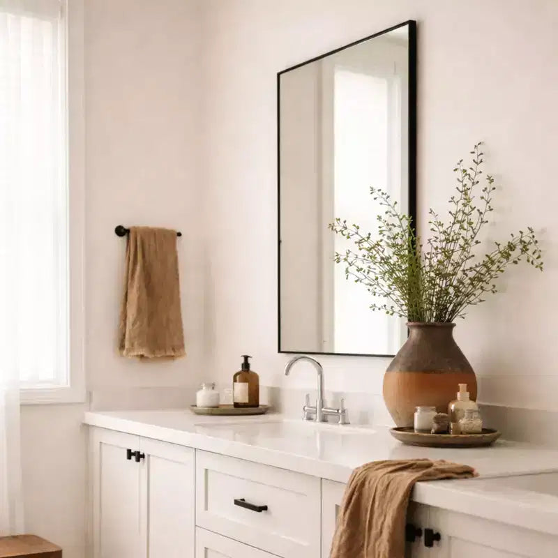 Miroir de salle de bain avec coins carrés, miroir rectangulaire encadré en métal en acier inoxydable pour salle de bain