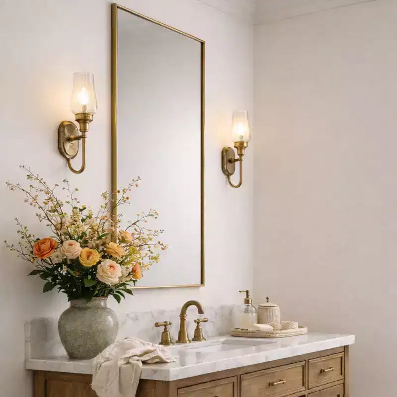 Miroir de salle de bain avec coins carrés, miroir rectangulaire encadré en métal en acier inoxydable pour salle de bain