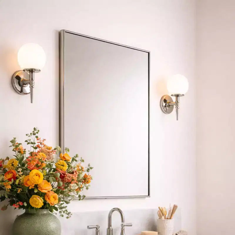 Miroir de salle de bain avec coins carrés, miroir rectangulaire encadré en métal en acier inoxydable pour salle de bain