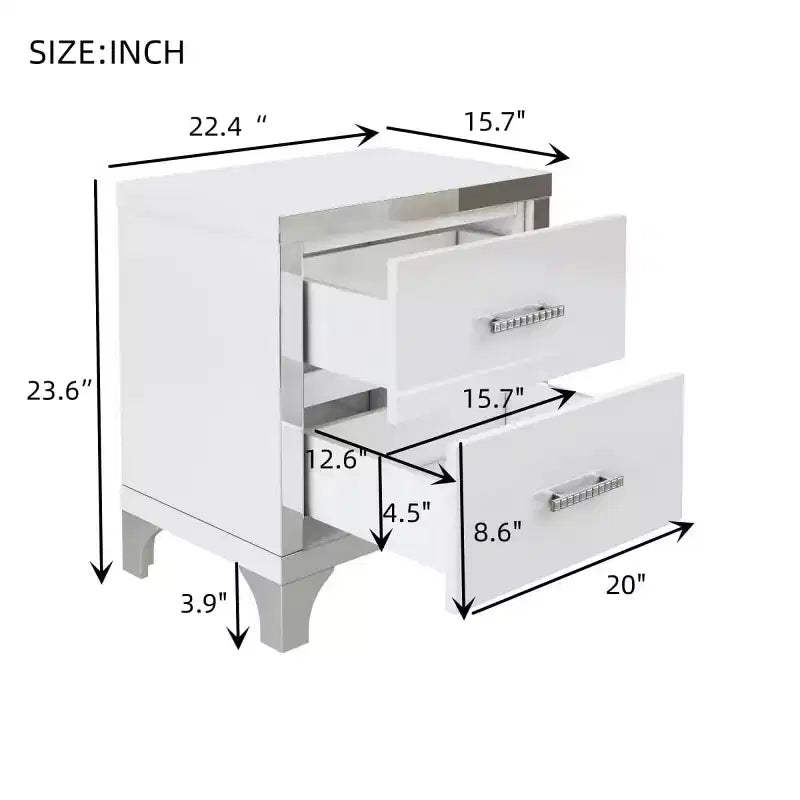 Table de chevet moderne laquée brillante avec 2 tiroirs, élégante table de nuit avec pieds et poignées en métal