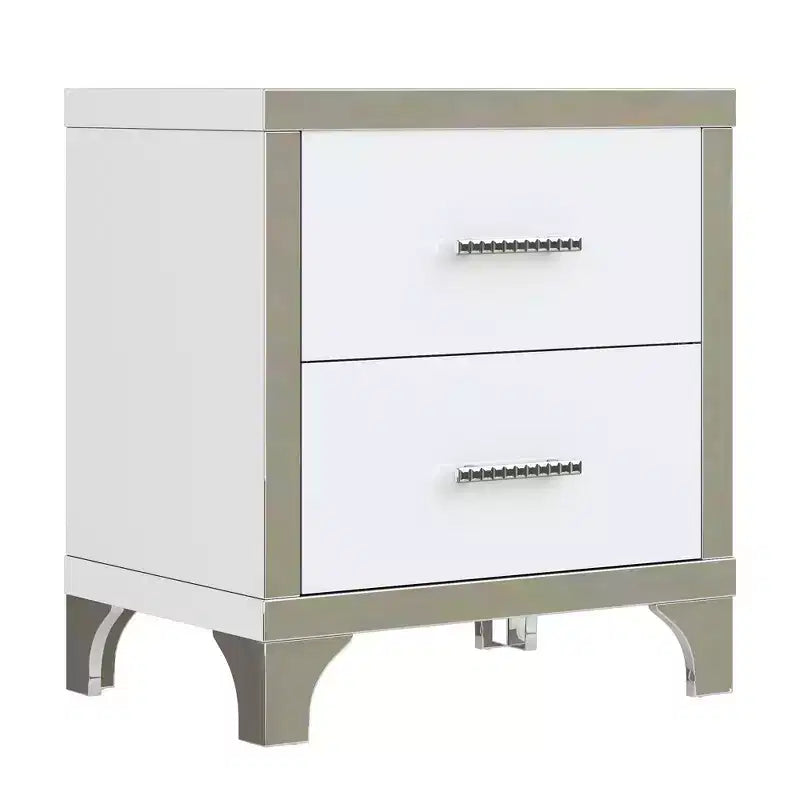 Table de chevet moderne laquée brillante avec 2 tiroirs, élégante table de nuit avec pieds et poignées en métal