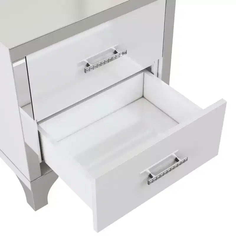 Table de chevet moderne laquée brillante avec 2 tiroirs, élégante table de nuit avec pieds et poignées en métal