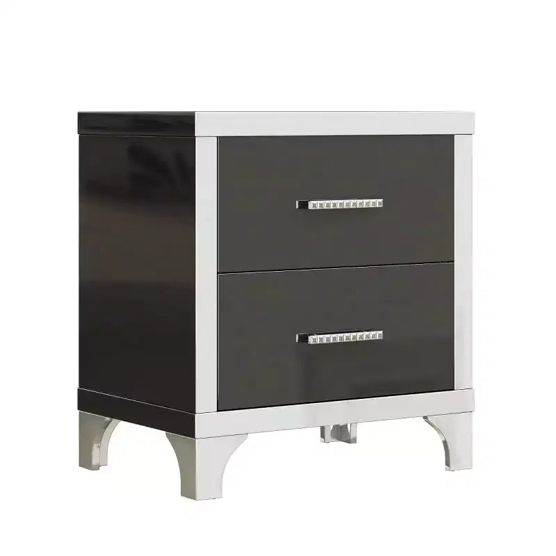 Table de chevet moderne laquée brillante avec 2 tiroirs, élégante table de nuit avec pieds et poignées en métal