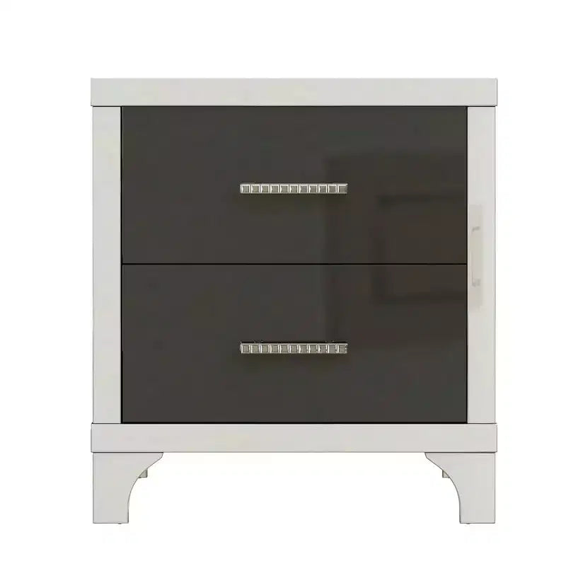 Table de chevet moderne laquée brillante avec 2 tiroirs, élégante table de nuit avec pieds et poignées en métal