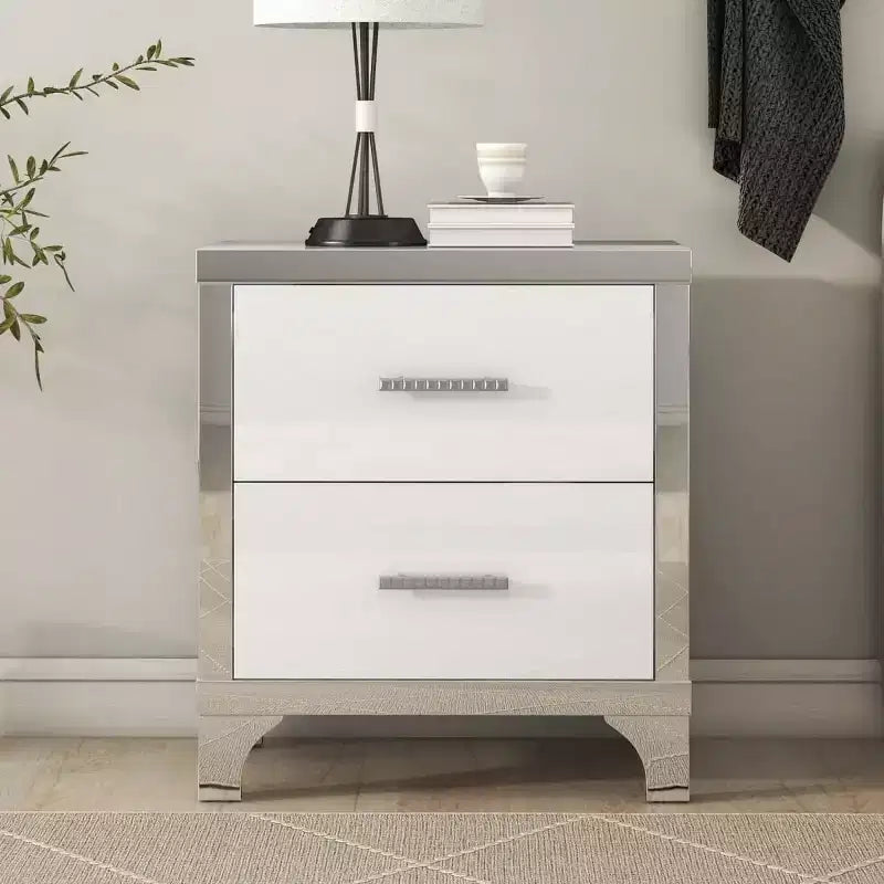 Table de chevet moderne laquée brillante avec 2 tiroirs, élégante table de nuit avec pieds et poignées en métal