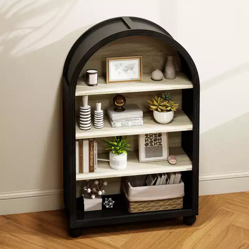 Meuble de rangement à 4 étagères en bois et métal avec bords sculptés, 28 pouces