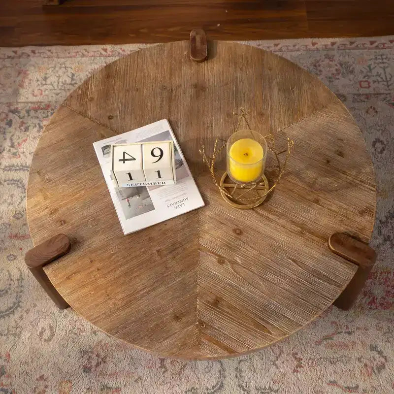 Table basse ronde à chevrons, table d'appoint rustique en bois massif et MDF avec pieds fuselés, finition bois vieilli naturel pour salon