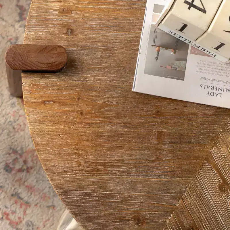 Table basse ronde à chevrons, table d'appoint rustique en bois massif et MDF avec pieds fuselés, finition bois vieilli naturel pour salon