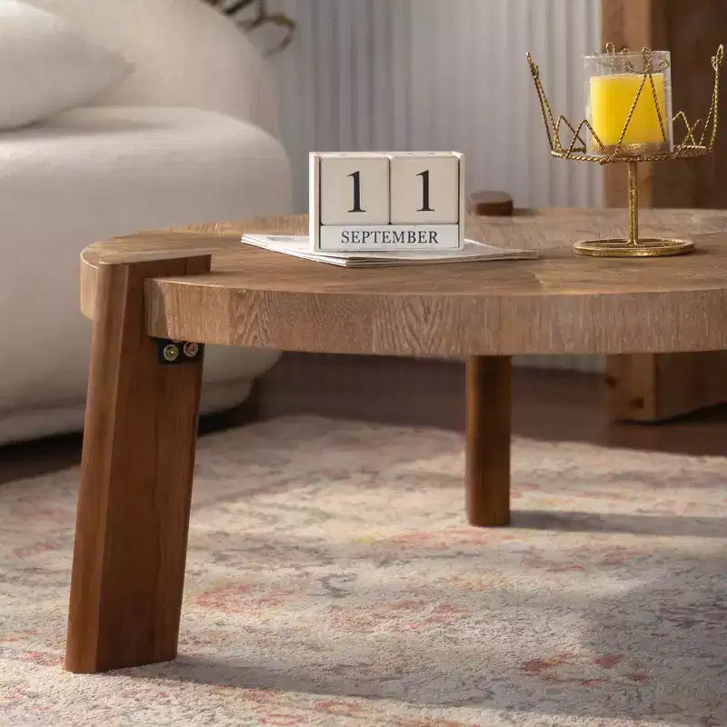 Table basse ronde à chevrons, table d'appoint rustique en bois massif et MDF avec pieds fuselés, finition bois vieilli naturel pour salon
