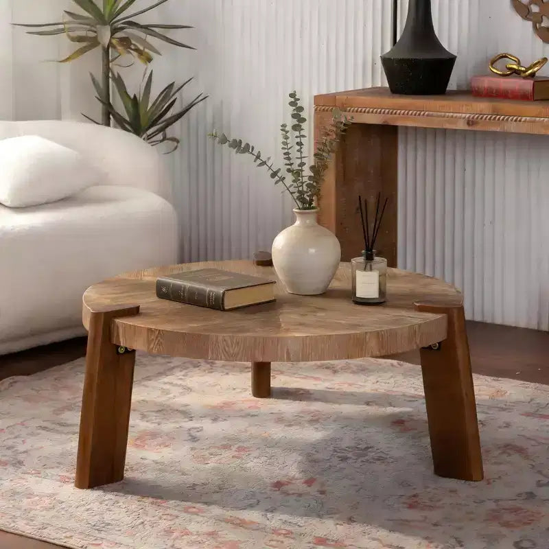 Table basse ronde à chevrons, table d'appoint rustique en bois massif et MDF avec pieds fuselés, finition bois vieilli naturel pour salon