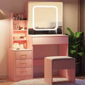 Coiffeuse avec miroir LED coulissant, 4 tiroirs, prise de courant, étagères de rangement, étagère ouverte, tabouret rembourré, table de maquillage pour chambre à coucher, rose