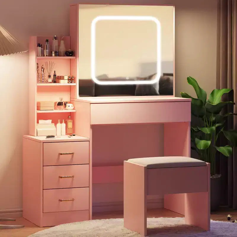 Coiffeuse avec miroir LED coulissant, 4 tiroirs, prise de courant, étagères de rangement, étagère ouverte, tabouret rembourré, table de maquillage pour chambre à coucher, rose