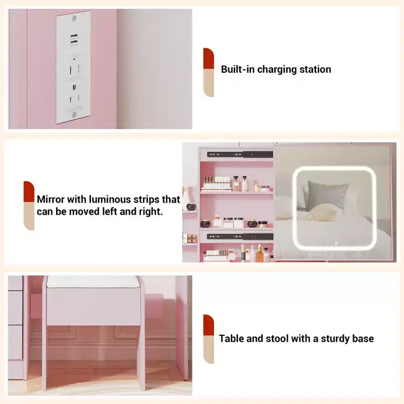 Coiffeuse avec miroir LED coulissant, 4 tiroirs, prise de courant, étagères de rangement, étagère ouverte, tabouret rembourré, table de maquillage pour chambre à coucher, rose
