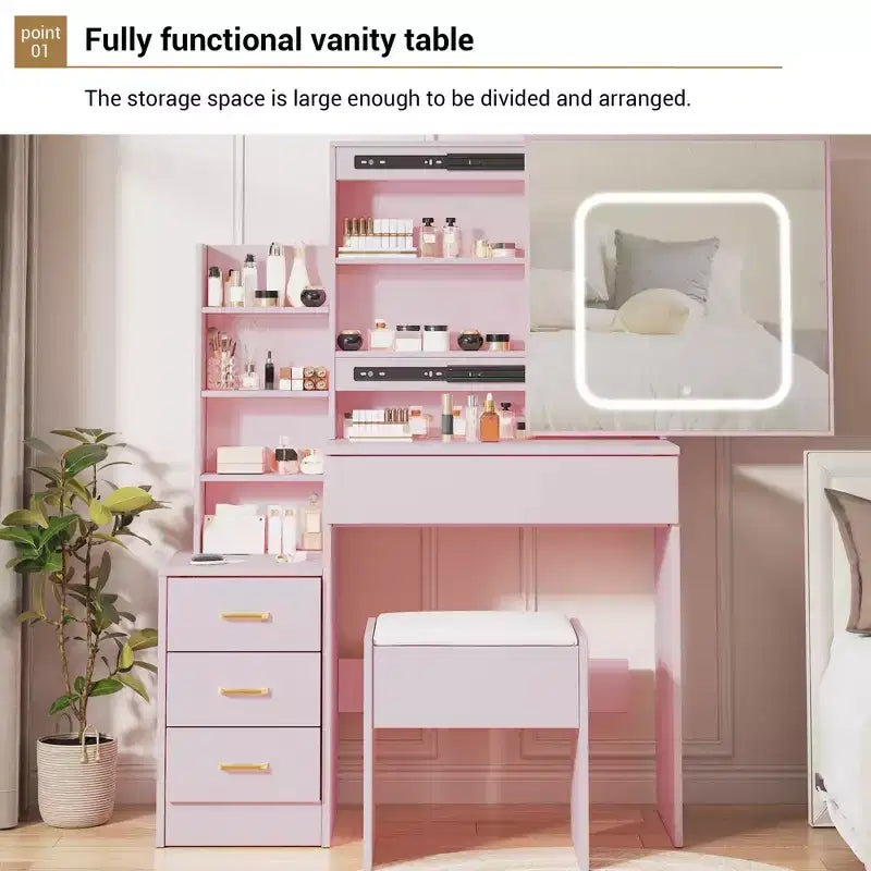 Coiffeuse avec miroir LED coulissant, 4 tiroirs, prise de courant, étagères de rangement, étagère ouverte, tabouret rembourré, table de maquillage pour chambre à coucher, rose