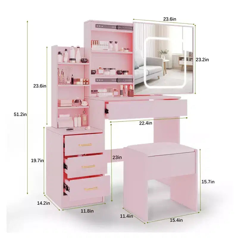 Coiffeuse avec miroir LED coulissant, 4 tiroirs, prise de courant, étagères de rangement, étagère ouverte, tabouret rembourré, table de maquillage pour chambre à coucher, rose