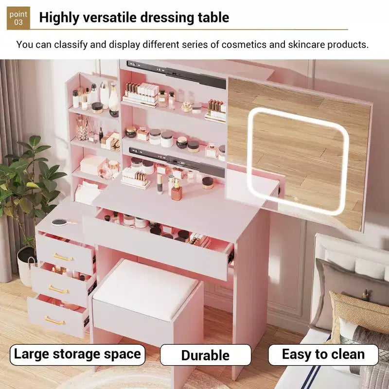 Coiffeuse avec miroir LED coulissant, 4 tiroirs, prise de courant, étagères de rangement, étagère ouverte, tabouret rembourré, table de maquillage pour chambre à coucher, rose