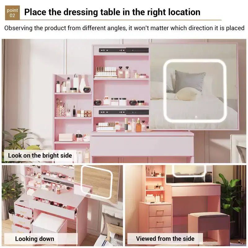Coiffeuse avec miroir LED coulissant, 4 tiroirs, prise de courant, étagères de rangement, étagère ouverte, tabouret rembourré, table de maquillage pour chambre à coucher, rose