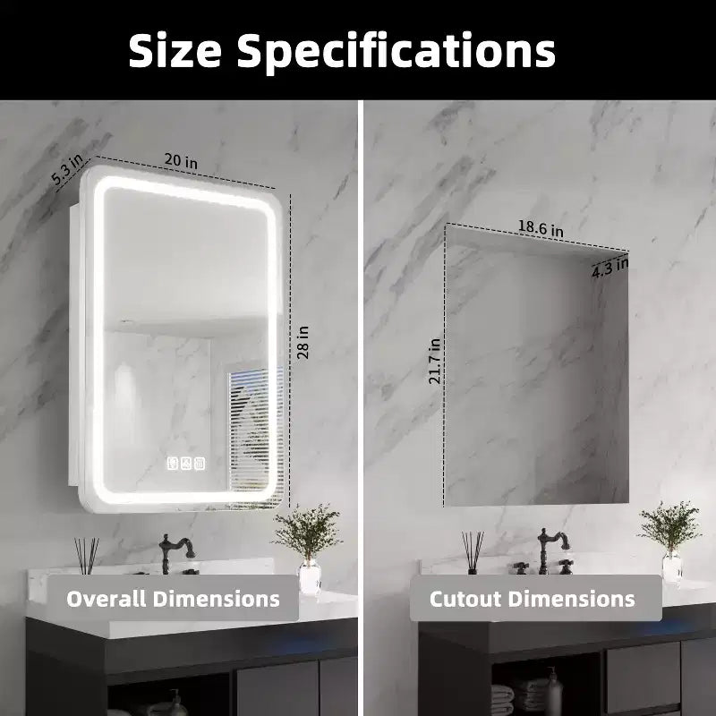 Armoire à pharmacie rectangulaire en fer de 20 po L x 28 po H avec miroir, éclairage DEL à intensité variable, anti-buée et prises de courant - Entièrement assemblée