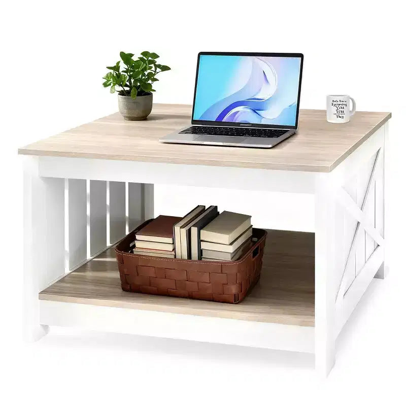 Table basse carrée de ferme avec rangement semi-ouvert, table basse rustique pour petits espaces de salon