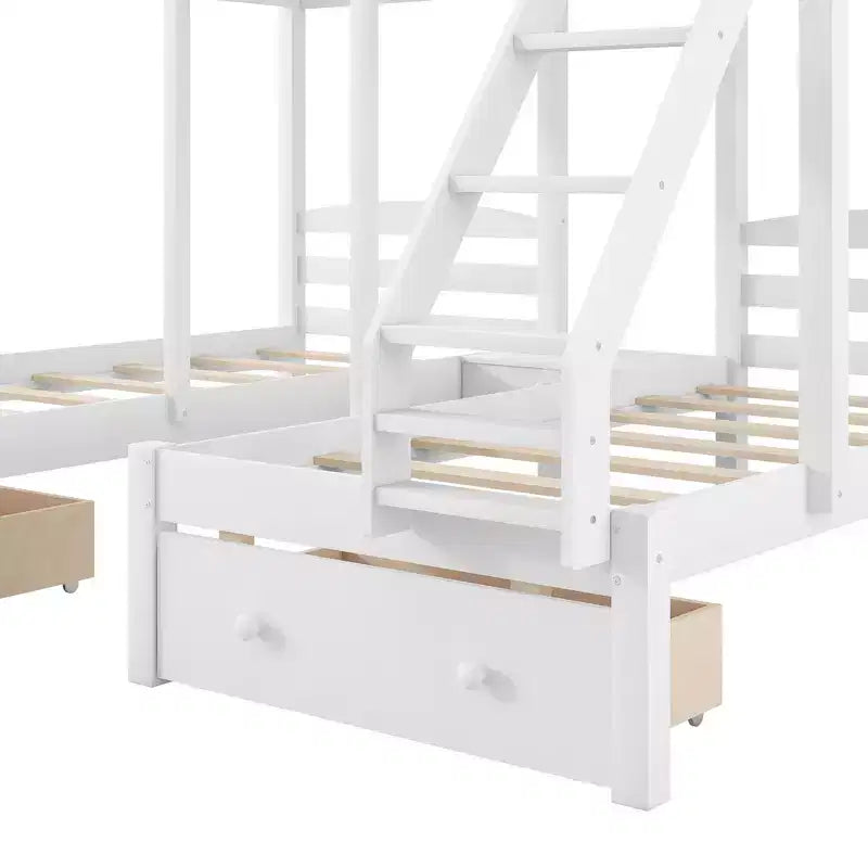 Lit superposé triple, lit double sur simple et lit simple superposé avec cadre en bois de pin massif, tiroirs de rangement, étagères et barrières de sécurité – Blanc