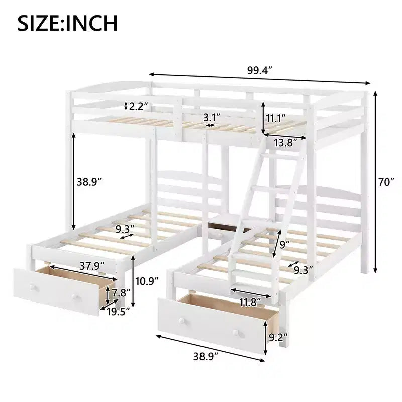 Lit superposé triple, lit double sur simple et lit simple superposé avec cadre en bois de pin massif, tiroirs de rangement, étagères et barrières de sécurité – Blanc