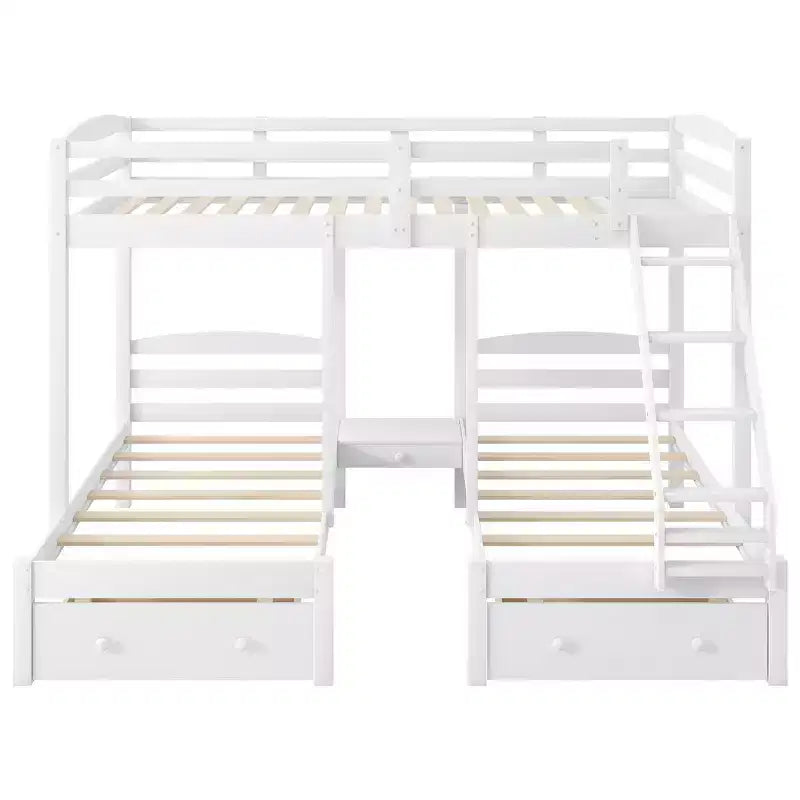 Lit superposé triple, lit double sur simple et lit simple superposé avec cadre en bois de pin massif, tiroirs de rangement, étagères et barrières de sécurité – Blanc