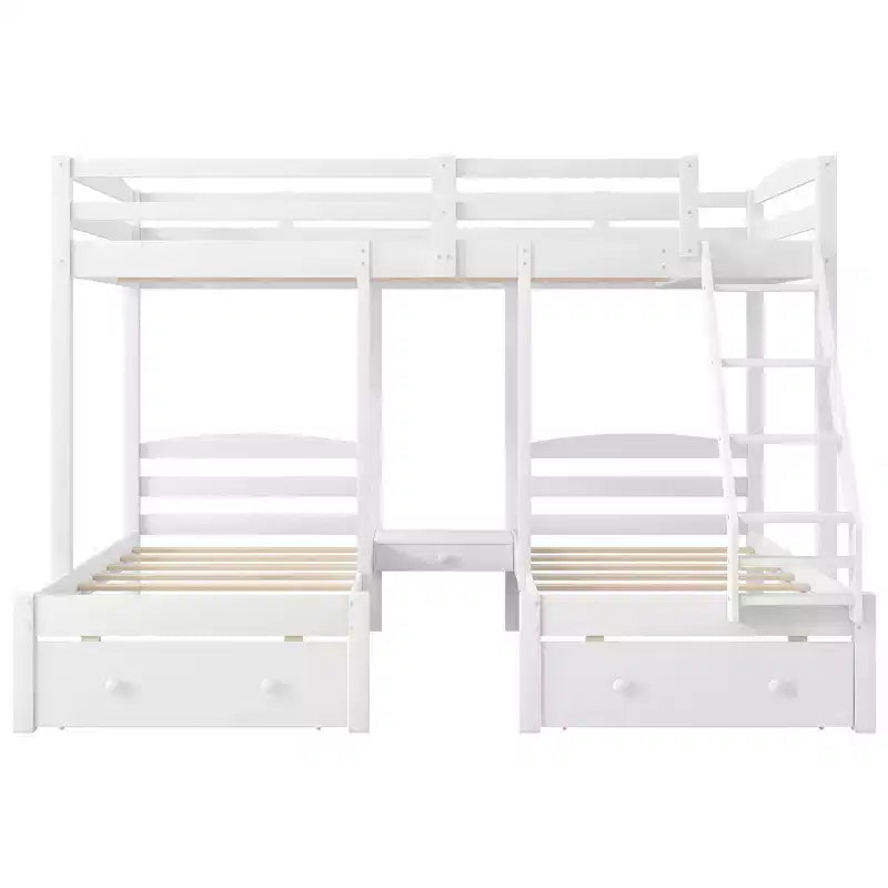 Lit superposé triple, lit double sur simple et lit simple superposé avec cadre en bois de pin massif, tiroirs de rangement, étagères et barrières de sécurité – Blanc