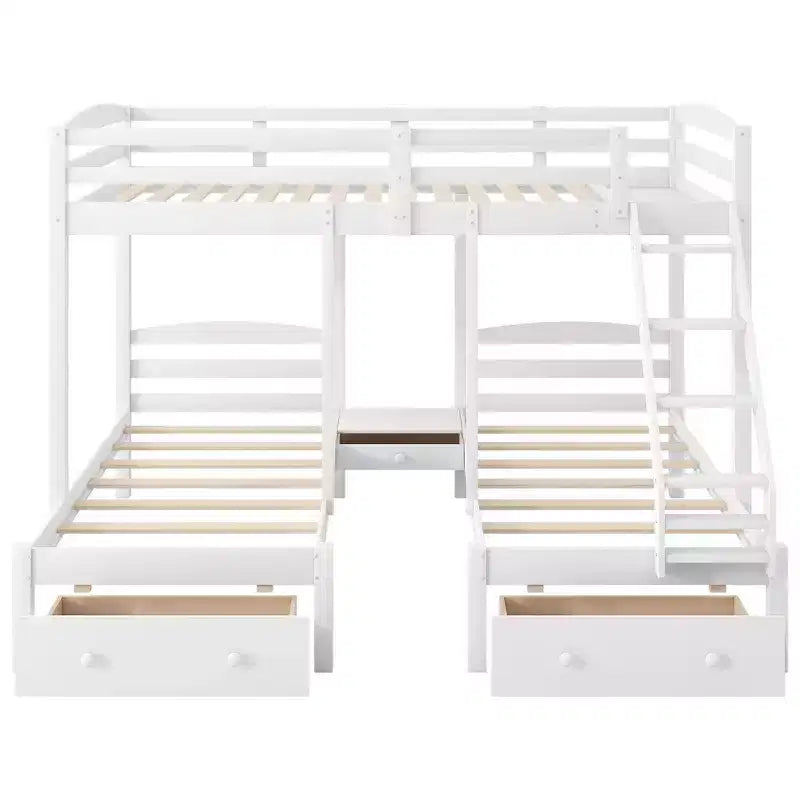 Lit superposé triple, lit double sur simple et lit simple superposé avec cadre en bois de pin massif, tiroirs de rangement, étagères et barrières de sécurité – Blanc
