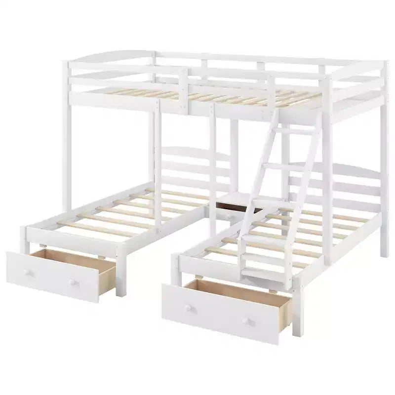 Lit superposé triple, lit double sur simple et lit simple superposé avec cadre en bois de pin massif, tiroirs de rangement, étagères et barrières de sécurité – Blanc
