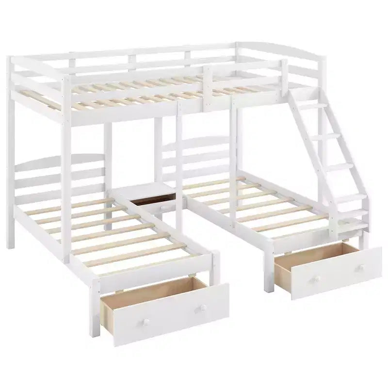 Lit superposé triple, lit double sur simple et lit simple superposé avec cadre en bois de pin massif, tiroirs de rangement, étagères et barrières de sécurité – Blanc