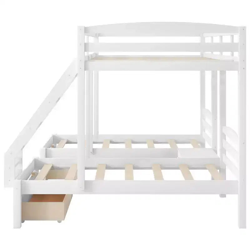 Lit superposé triple, lit double sur simple et lit simple superposé avec cadre en bois de pin massif, tiroirs de rangement, étagères et barrières de sécurité – Blanc