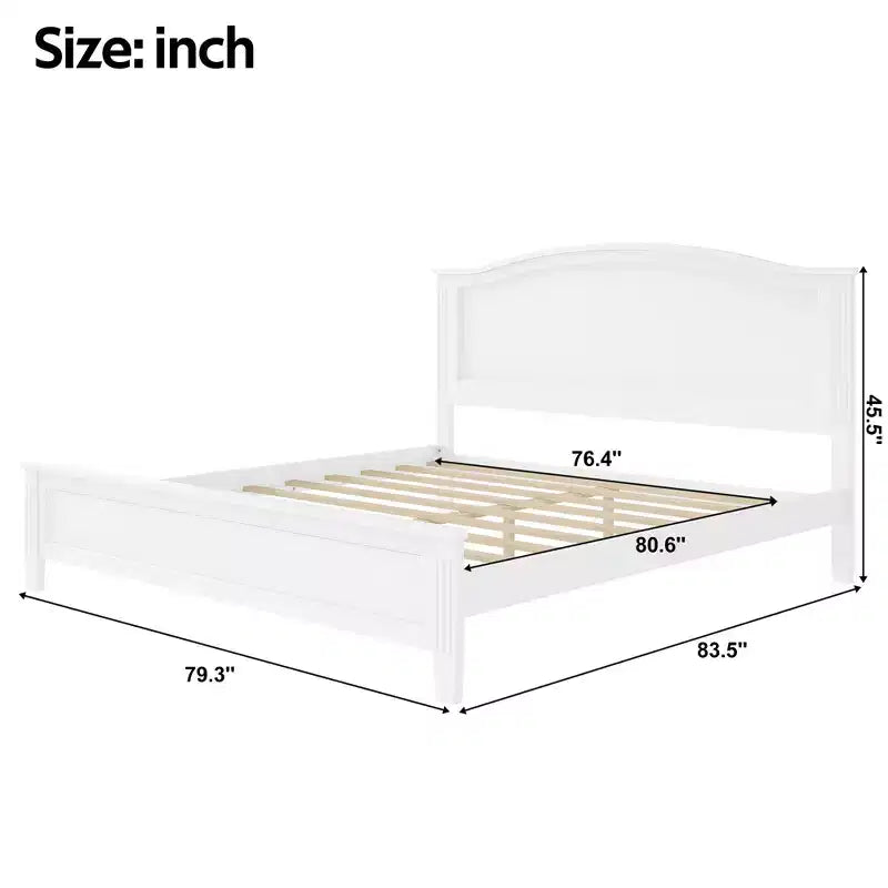 Lit plateforme avec tête de lit et pieds de support à lattes en bois, très grand lit