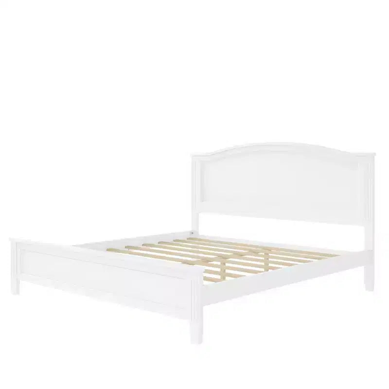 Lit plateforme avec tête de lit et pieds de support à lattes en bois, très grand lit