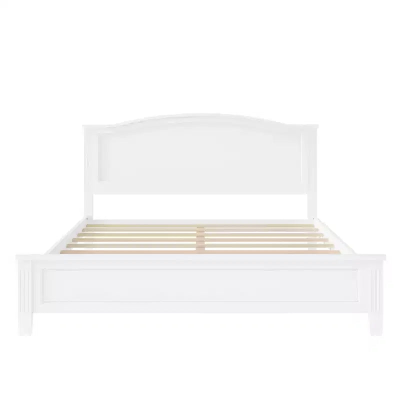 Lit plateforme avec tête de lit et pieds de support à lattes en bois, très grand lit