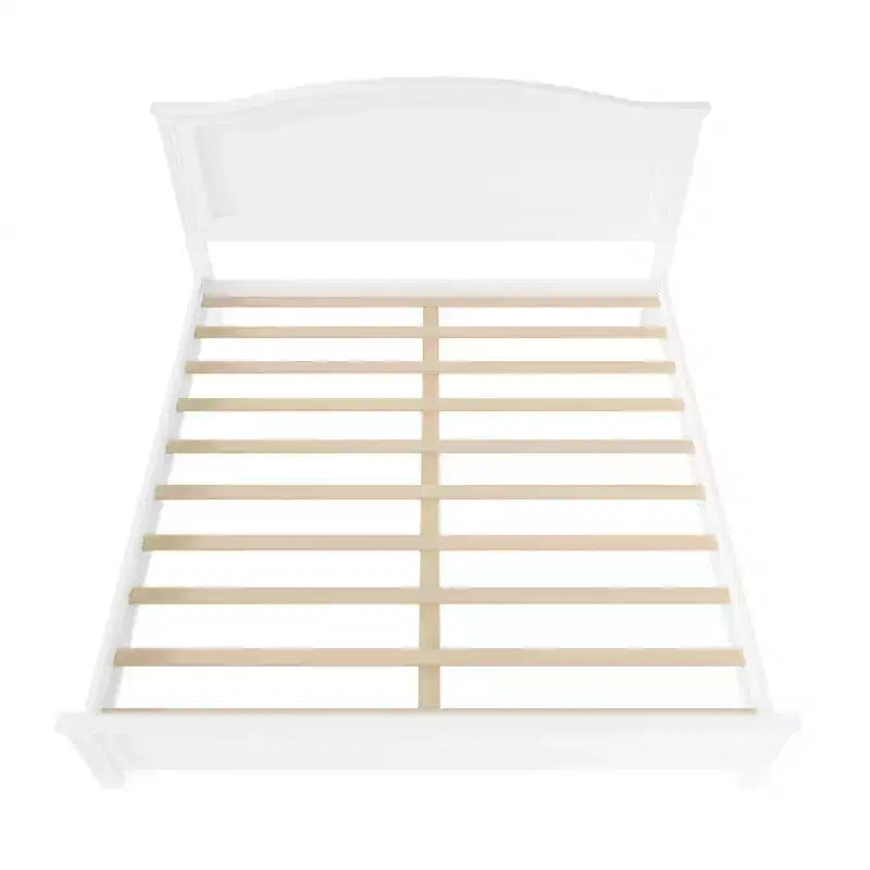Lit plateforme avec tête de lit et pieds de support à lattes en bois, très grand lit