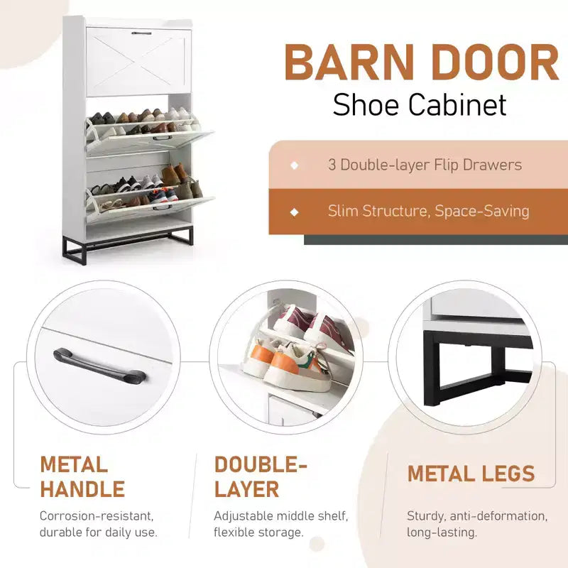 Meuble à chaussures à 3 tiroirs et porte coulissante avec déflecteur supérieur
