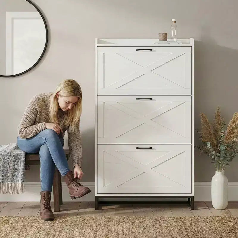 Meuble à chaussures à 3 tiroirs et porte coulissante avec déflecteur supérieur
