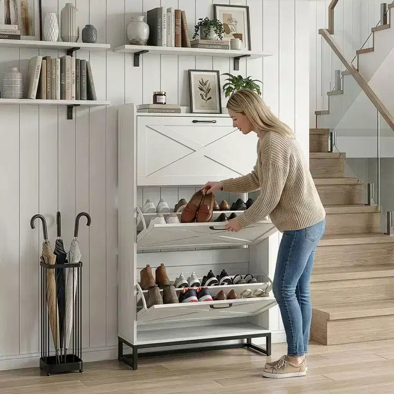Meuble à chaussures à 3 tiroirs et porte coulissante avec déflecteur supérieur
