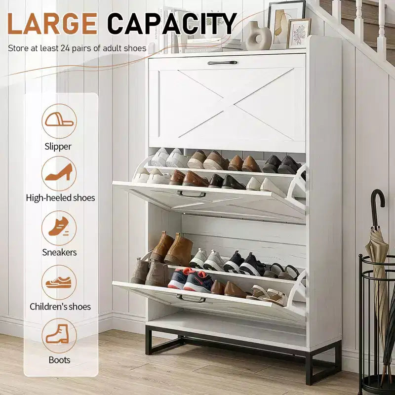 Meuble à chaussures à 3 tiroirs et porte coulissante avec déflecteur supérieur