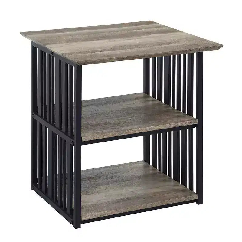 Table de chevet 22 po en chêne antique et métal noir, étagère ouverte, aucun assemblage requis
