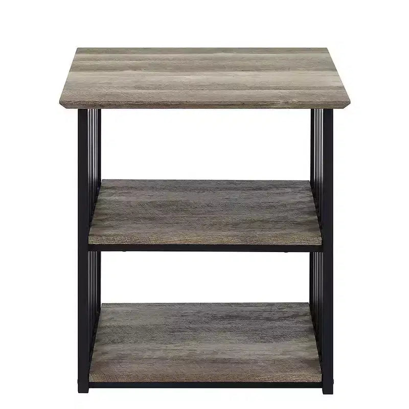 Table de chevet 22 po en chêne antique et métal noir, étagère ouverte, aucun assemblage requis