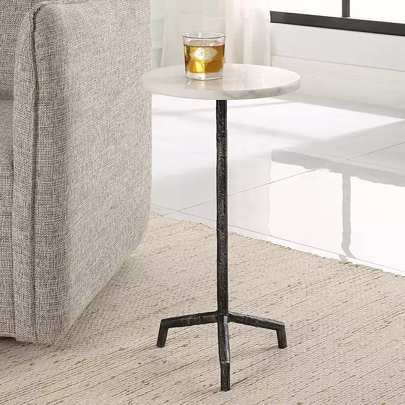 Table d'appoint ronde 12W en fer noir vieilli et marbre blanc
