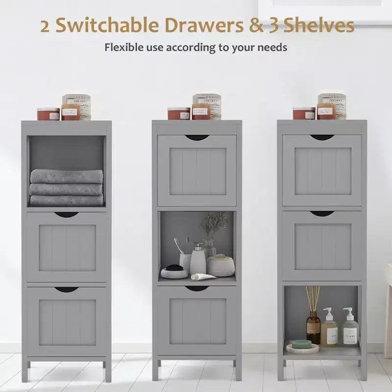 Meuble de rangement de salle de bain sur pied avec 2 tiroirs amovibles Marron/Gris/Noir